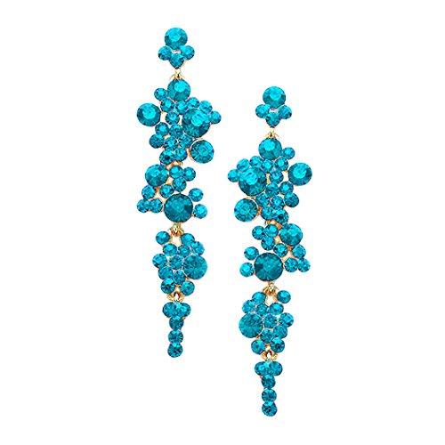Beautiful Long Crystal Rhinestone Bubble Dangle Statement Earrings (Aqua Blue Gold Tone)