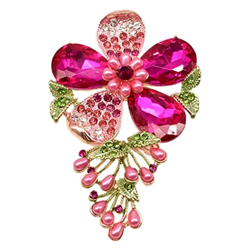 Rosemarie & Jubalee Women's Stunning Crystal Pave Teardrop And Simulated Pearl Flower Brooch, 4" (Fuchsia Pink Crystal Rose Gold Tone)