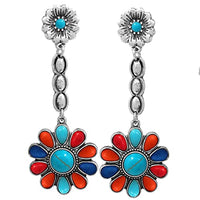 Western Style Colorful Statement Textured Metal Howlite Stone Flower Dangle Earrings, 2.62"