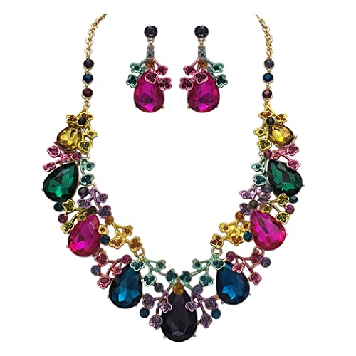 Mesmerizing Colored Crystal Teardrop 3D Metal Vine Statement Necklace Earrings Formal Jewelry Gift Set, 18"+3" Extender (Rainbow Multicolor Gold Tone)