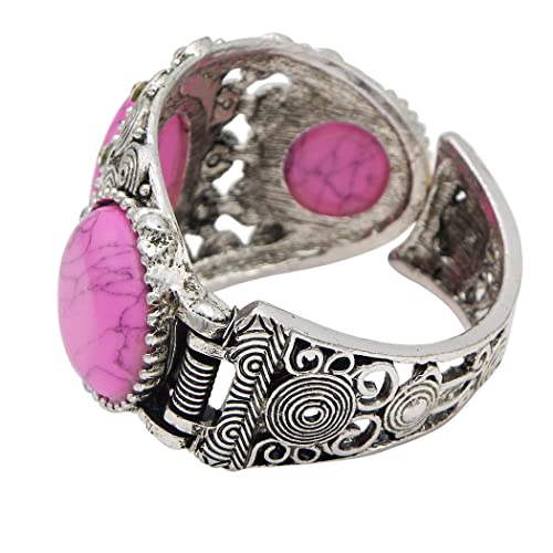 Cowgirl Glam Western Semi Precious Pink Howlite Stone And Crystal Rhinestones In Swirl Silver Tone Hinged Cuff Bracelet, 6.5"