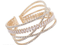 Stunning Cubic Zirconia Crystal Rhinestone Criss Cross Flexible Wire Cuff Bracelet, 2.5" (Double Cross With Baguette Clear Crystal Gold Tone)