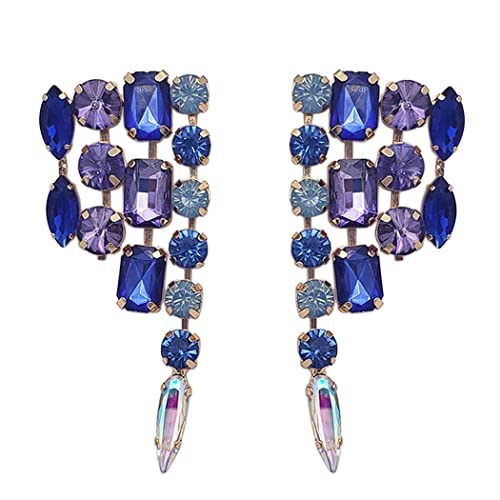 Stunning Statement Waterfall Design Crystal Rhinestone Hypoallergenic Post Earrings, 3.25" (Shades Of Blue Crystals Gold Tone)