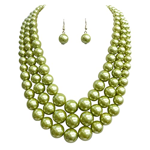 Multi Strand Simulated Pearl Necklace and Earrings Jewelry Set, 18"+3" Extender (Lime Green Gold Tone)