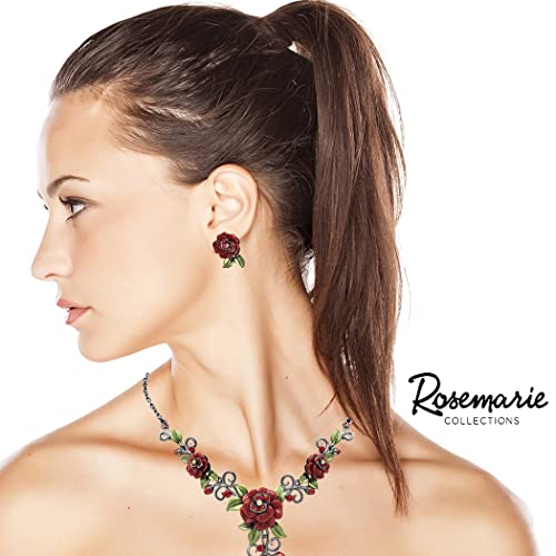 Stunning 3D Metal And Crystal Red Rose And Polished Hematite Vine Necklace Lever Back Post Earrings Gift Set, 16"+3" Extension