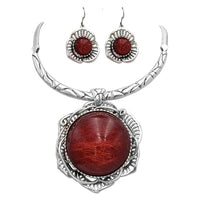 Stunning Silver Tone Statement Flower Medallion With Red String Glass Bubble Necklace Earrings Set, 16"+3" Extension