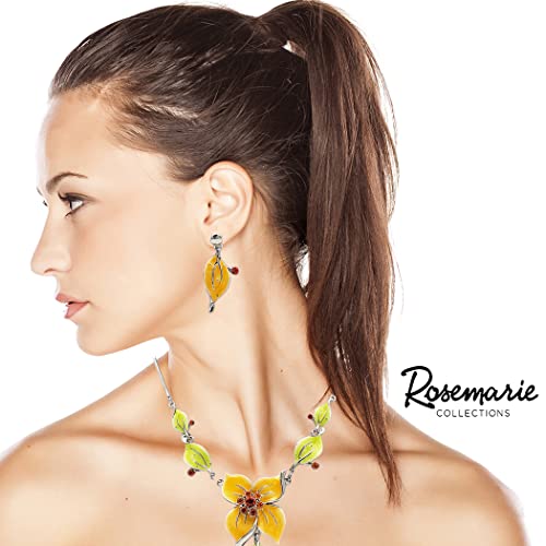 Whimsical Glitter Enamel Coated 3D Metal Flowers With Crystals Polished Silver Tone Necklace And Earrings Gift Set, 15"+3" Extension (Sunshine Yellow With Orange Crystals)