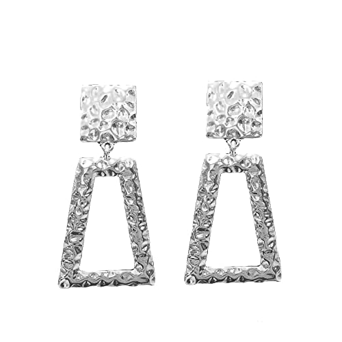 Statement Polished Metal Hammered Texture Trapezoid Hoop Clip On Earrings, 2.87" (Polished Silver Tone)