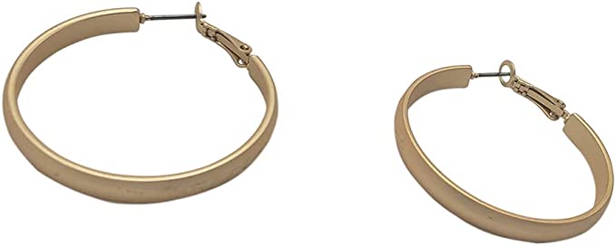 Chic Stainless Steel With Matte Finish Side Silhouette Modern Flat Hoop Earrings With Hypoallergenic Omega Post Backs (60mm, Gold Plated)