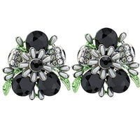 Stunning Crystal Teardrop And Pave Petals With Simulated Pearl Statement Flower Clip On Style Earrings, 1.75" (Jet Black Crystal Silver Tone)