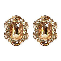 Stunning Statement Emerald Cut Crystal Clip On Style Earrings, 1.25" (Peach Crystal Rose Gold Tone)