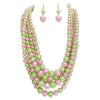 Women's Multi Strand Simulated Pearl Bib Necklace and Earrings Jewelry Set, 16"+3" Extender (Light Pink And Green Spring Mix Silver Tone)