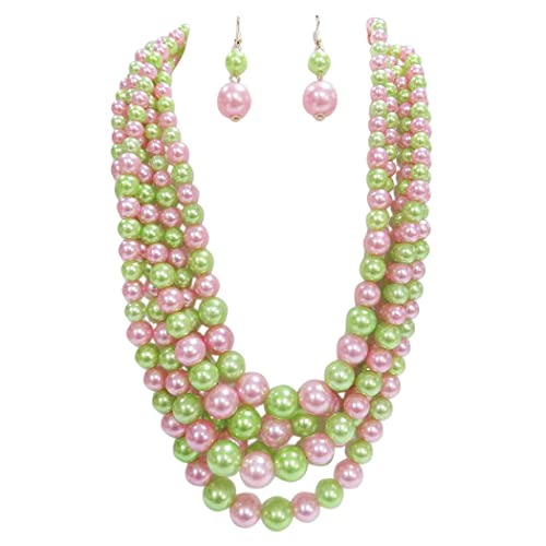 Women's Multi Strand Simulated Pearl Bib Necklace and Earrings Jewelry Set, 16"+3" Extender (Light Pink And Green Spring Mix Silver Tone)