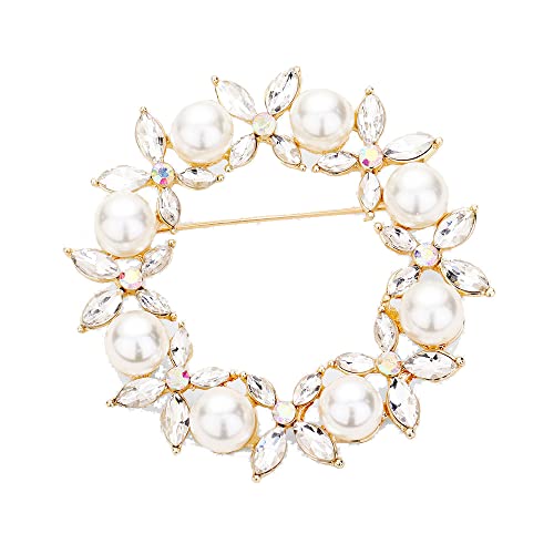 Stunning Floral Vibes Statement Crystal And Simulated Pearl Wreath Brooch, 2.5" (Cream Pearl Gold Tone Clear Crystal)