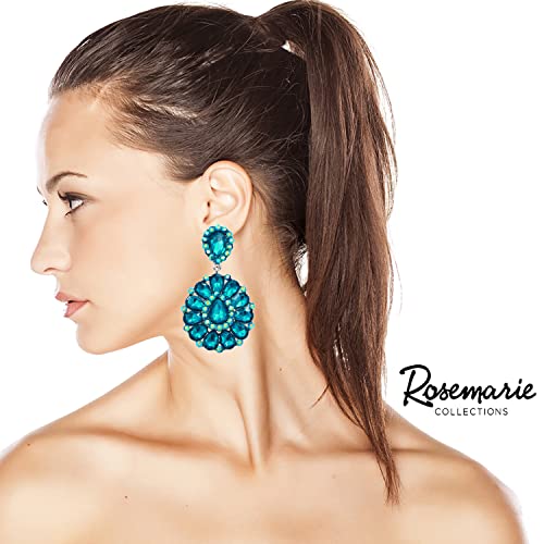 Rosemarie & Jubalee Women's Dramatic Teardrop Crystals Long Shoulder Duster Clip On Style Earrings, 3.5" (Peacock Blue Zircon Silver Tone)