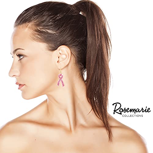 Breast Cancer Awareness Enamel Pink Ribbon With Crystal Rhinestones Dangle Earrings, 2"