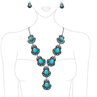 Stunning Statement Vintage Western Style Semi Precious Turquoise Howlite Stone Y-Drop Necklace Earring Gift Set, 24"+3" Extender