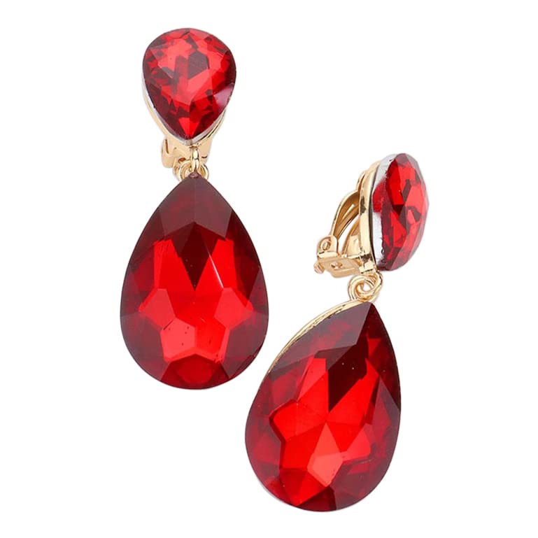 Rosemarie & Jubalee Women's Double Teardrop Statement Glass Crystal Dangle Clip On Bridal Earrings, 2" (Red Crystal Gold Tone)