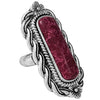Colorful Western Style Rectangular Semi Precious Maroon With Pink Veining Howlite Stone Adjustable Stretch Ring, 2.12"