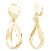 Statement Polished Gold Tone Metal Teardrop Twist Hoop Dangle Clip on Style Earrings, 3.25"