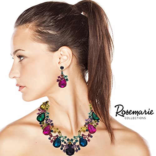 Mesmerizing Colored Crystal Teardrop 3D Metal Vine Statement Necklace Earrings Formal Jewelry Gift Set, 18"+3" Extender (Rainbow Multicolor Gold Tone)