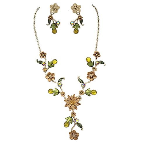 Stunning Gold Tone 3D Metal Flowers With Colorful Resin And Crystal Vine Necklace And Clip On Earrings Gift Set, 16"+3" Extension