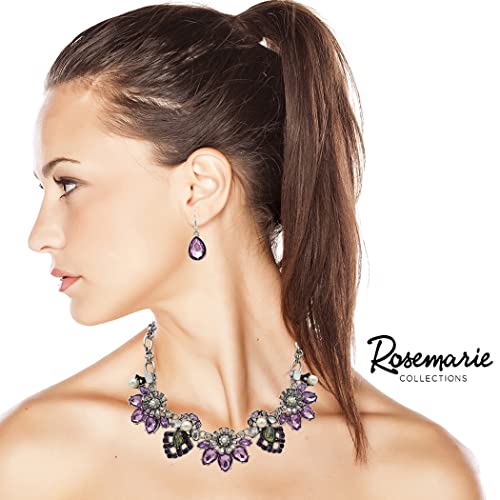 Mesmerizing Art Deco Crystal Flowers Statement Necklace Earrings Bridal Gift Set, 15"+3" Extender (Purple Crystal Silver Tone)