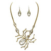 Chic And Unique Statement Size Polished Metal Crystal Spider Necklace Earrings Set, 16"+3" Extender (Gold Tone)