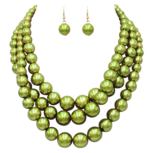 Multi Strand Simulated Pearl Necklace and Earrings Jewelry Set, 18"+3" Extender (Lime Green Gold Tone)