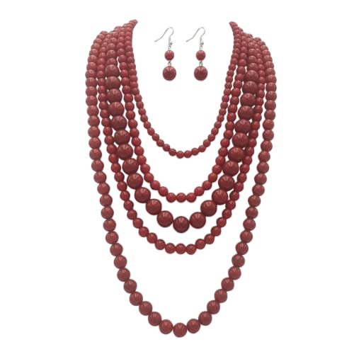 Cowgirl Chic Multi Strand Beaded Necklace And Earrings Jewelry Set, 18"+3" Extender (Coral Red)