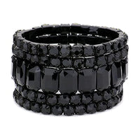 Stunning Statement Set Of 5 Colorful Crystal Rhinestone Stretch Bracelets, 6.75" (Jet Black Crystal Hematite Tone)