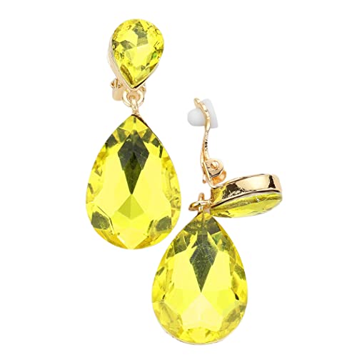 Rosemarie Collections Women's Stunning Double Teardrop Crystal Statement Clip On Earrings, 1.75" (Yellow Crystal Gold Tone)