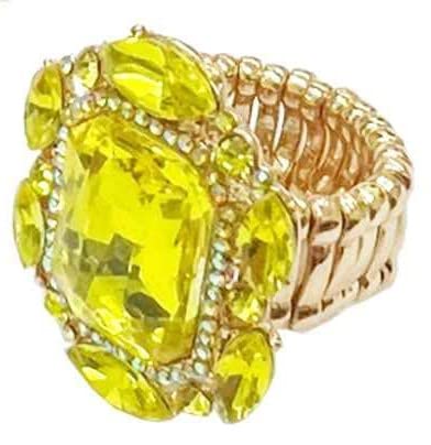 Stunning Statement Emerald Cut Glass Crystal Stretch Band Cocktail Ring,1.37" (Yellow Crystal Gold Tone)