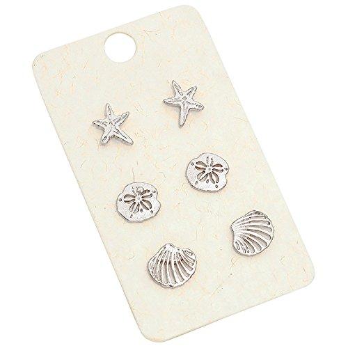 Beach Stud Earrings Set of 3 "Starfish Sand Dollar Shell" (Silver Tone)