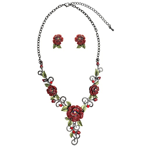 Stunning 3D Metal And Crystal Red Rose And Polished Hematite Vine Necklace Lever Back Post Earrings Gift Set, 16"+3" Extension