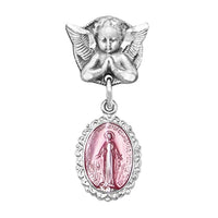 Rosemarie's Religious Gifts Sterling Silver Petite Angel Pin with Enameled Oval Miraculous Medal of Mary (Pink)