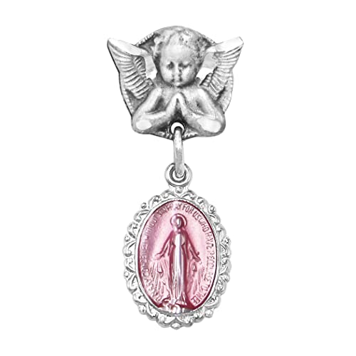 Rosemarie's Religious Gifts Sterling Silver Petite Angel Pin with Enameled Oval Miraculous Medal of Mary (Pink)