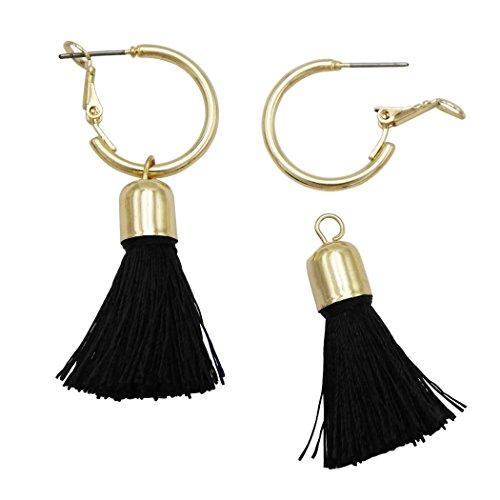 Gold Tone Little Hoop and Thread Tassel Earrings (Jet Black)