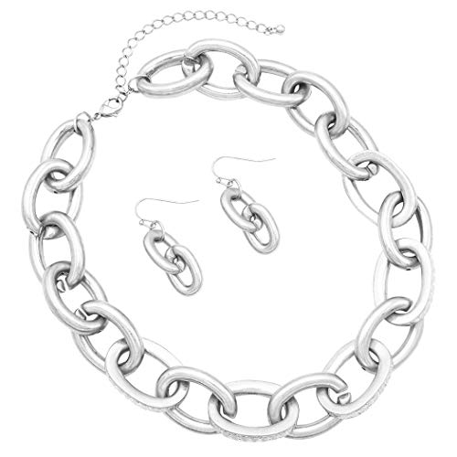 Chic Worn Metal Chunky Oblong Textured Links Chain Collar Necklace Earrings Gift Set, 13"+3" Extender (Matte Silver Tone)