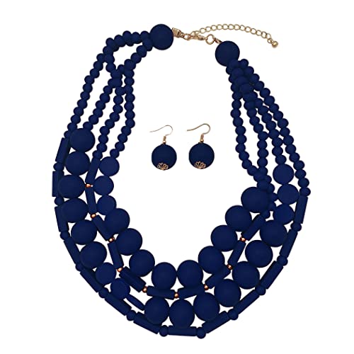Bohemian Style Natural Wood Bead Cascading Multi Strand Necklace And Earrings Jewelry Set, 18"+3" Extender (Navy Blue)