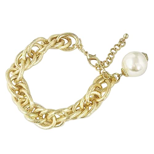Statement Simulated Pearl Charm On Textured Gold Tone Chunky Cable Chain Bracelet, 8"+2" Extender