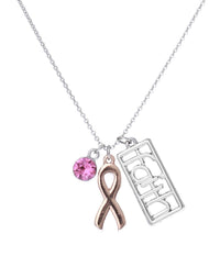 Inspirational Breast Cancer Awareness Pink Ribbon Faith And Crystal Rhinestone Charm Necklace, 18"+2" Extender