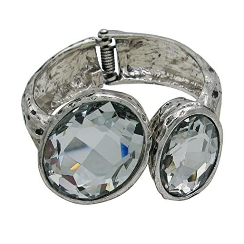 Extra Large Statement Textured Metal Oval Crystal Hinged Wrap Cuff Bangle Bracelet, 7.25"