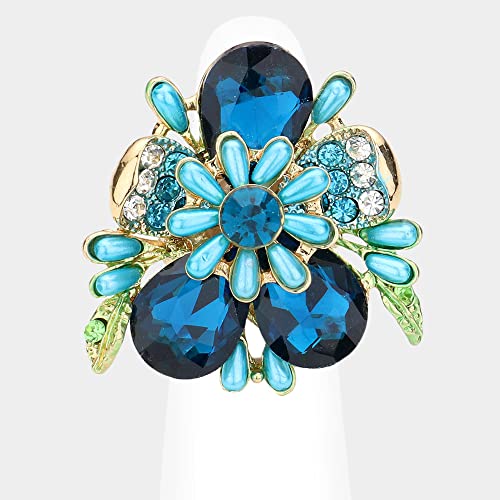 Stunning Statement Crystal Teardrop And Pave Petals With Simulated Pearl Flower Stretch Cocktail Ring, 1.75" (Bright Blue Gold Tone)