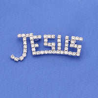 Unique Silver Tone Religious Crystal Jesus Brooch, 1.75"