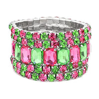 Stunning Statement Set Of 5 Colorful Crystal Rhinestone Stretch Bracelets, 6.75" (Pink And Green Crystal Silver Tone)