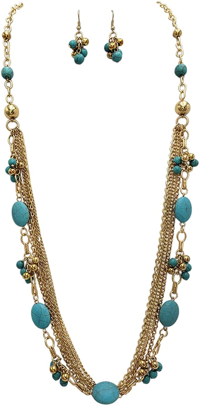 Stunning Western Glam Gold Tone Chains With Turquoise Howlite Stones Necklace Earring Gift Set, 34"+3" Extender