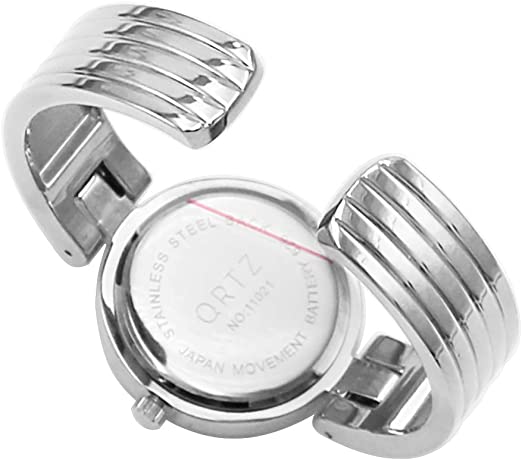 Chic And Stylish Round Face Polished Metal With Textured Stripe Cuff Band Bracelet Watch, 6.5" (Silver Tone)