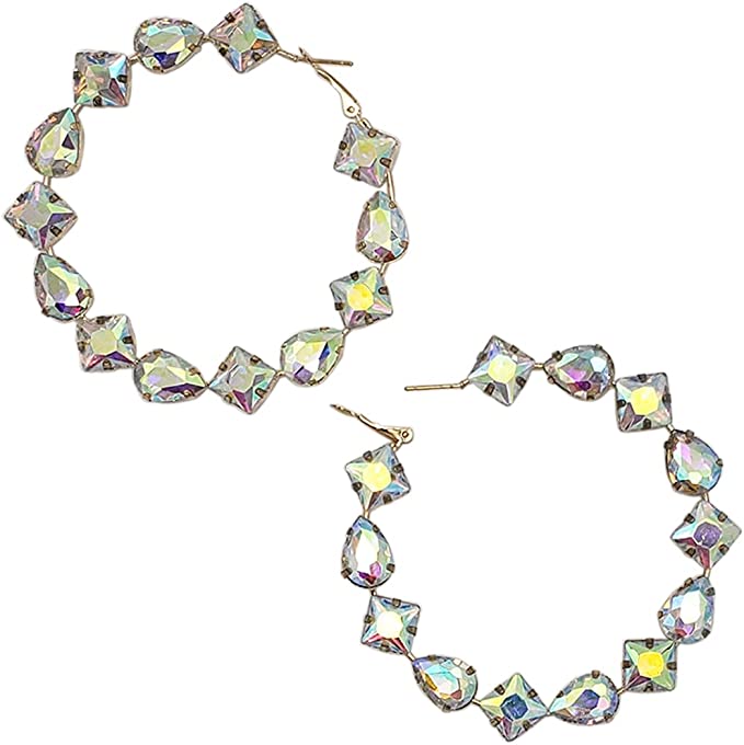 Dazzling Statement Size Crystal Rhinestone Station Hoop Earrings With Hypoallergenic Post And Lever Back , 3" (AB Crystal Gold Tone)