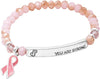 Pink Ribbon Breast Cancer Awareness Faceted Glass Bead You Are Strong Stretch Style Charm Bracelet, 6.5"